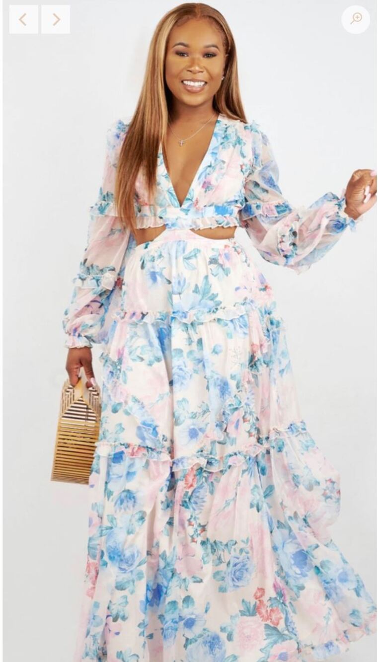 L'atiste Watercolor Floral Cutout Maxi Dress Small Lace Up Back Tiered Feminine
